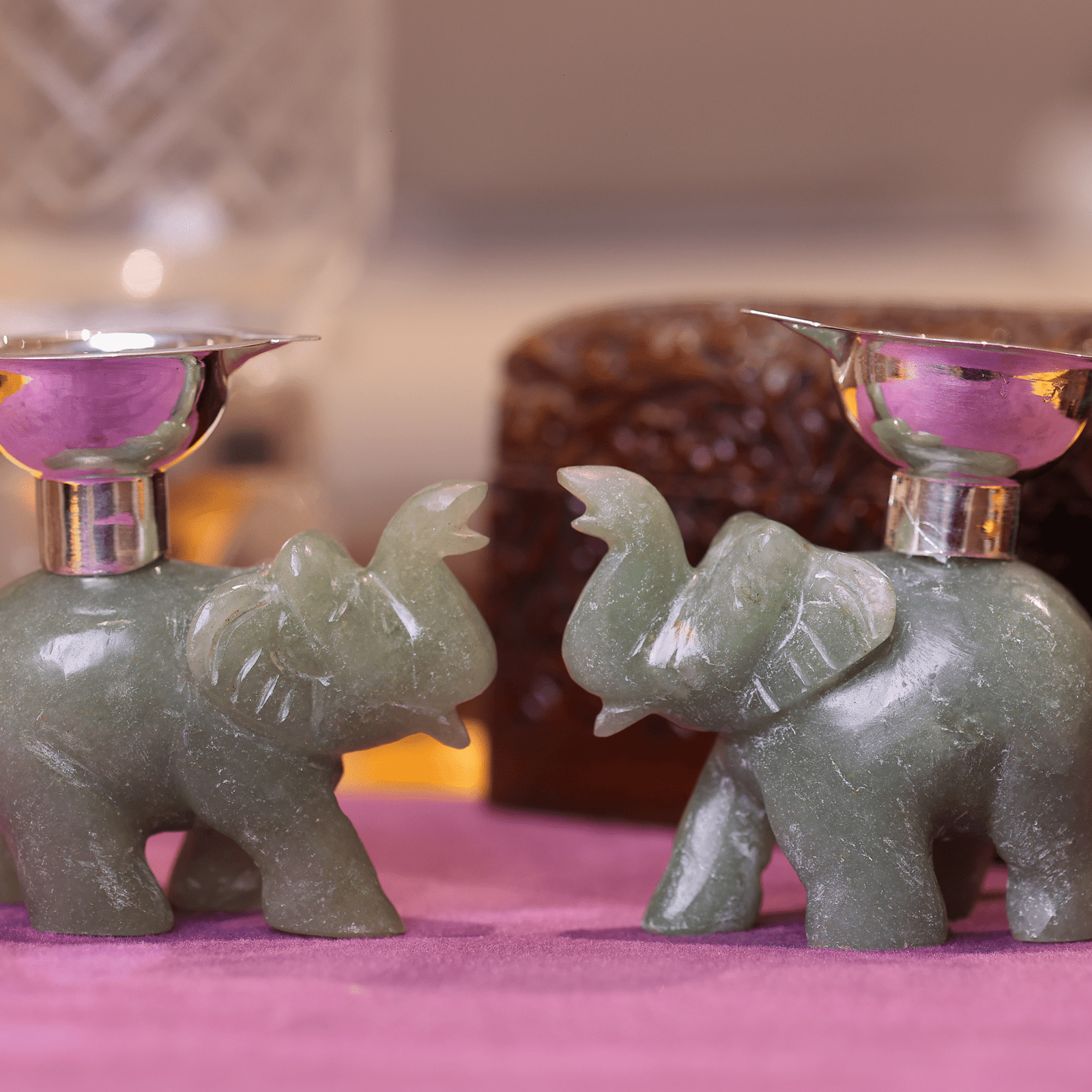 Green Jade Elephant Diya Holders