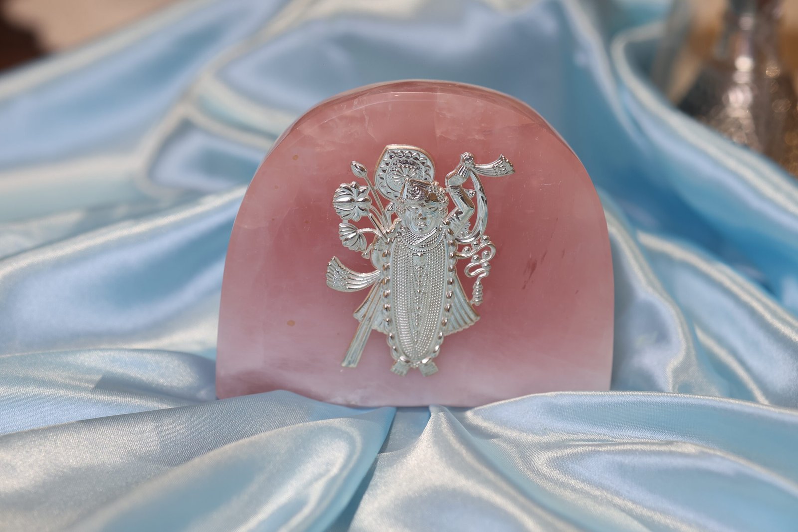 Pure Silver Shrinathji Idol on Natural Rose Quartz
