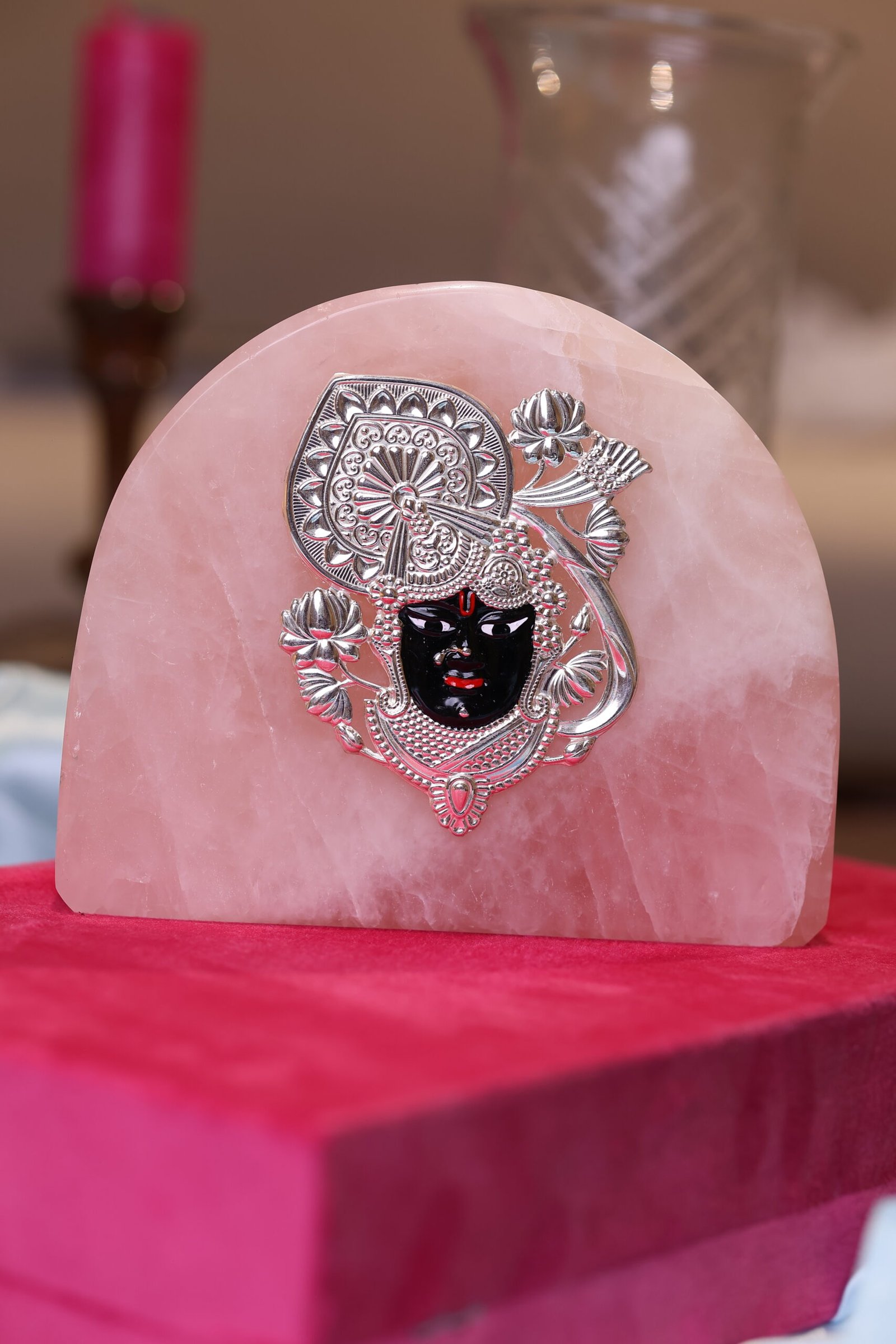 Enamel Banke Bihari in Pure Silver on Rose Quartz
