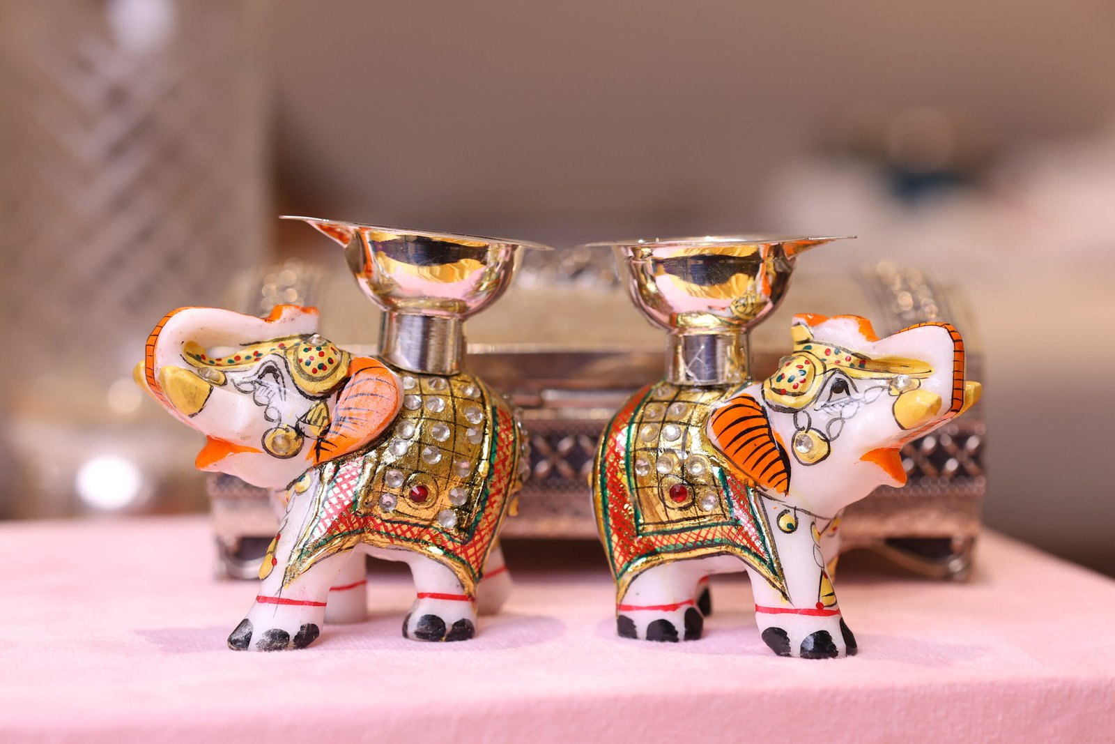 Meenakari Elephant Diya in Pure Silver