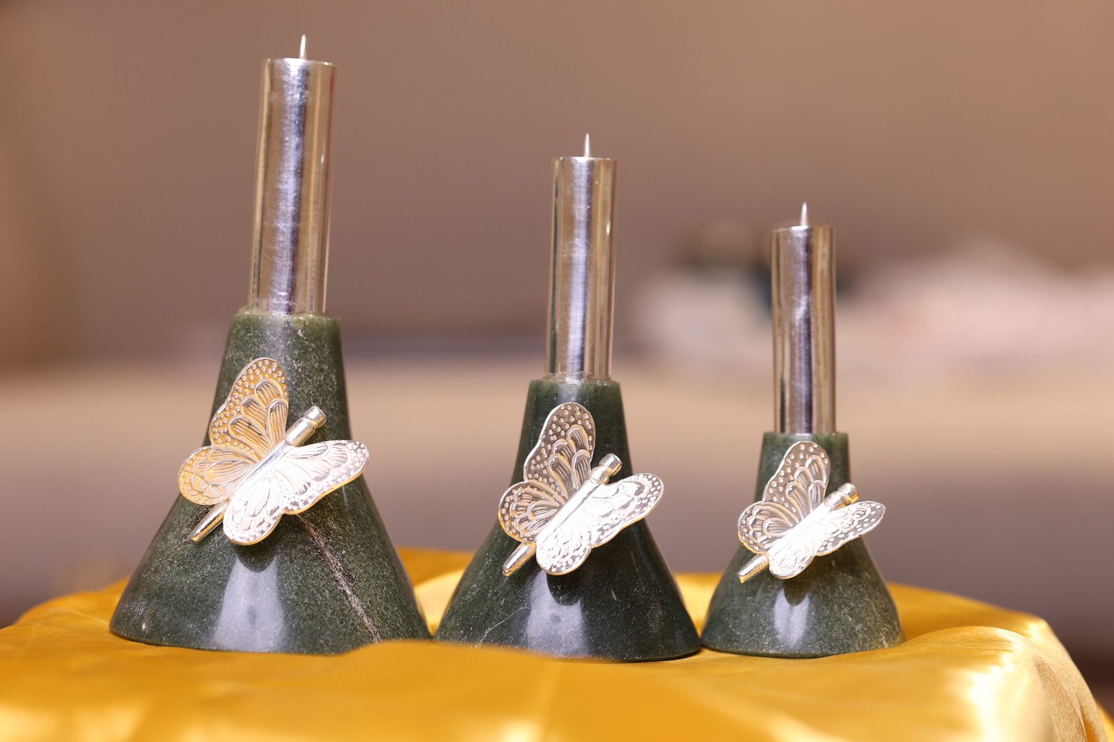 Silver-Embellished Stone Candle Holders