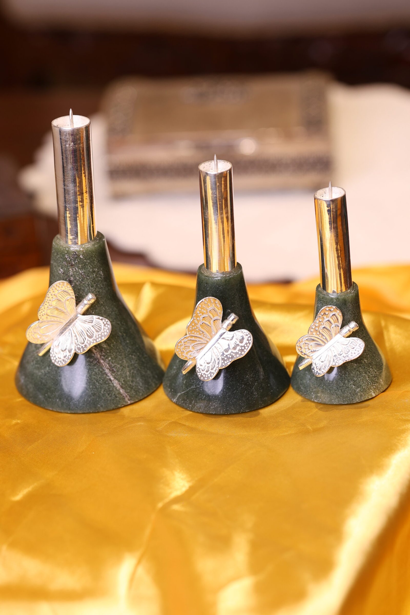 Silver-Embellished Stone Candle Holders